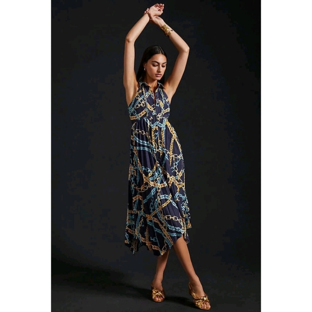 Maeve Anthroplogie Blue Yellow Chains Pleated Sleeveless‎ Collar Shirt Dress XS